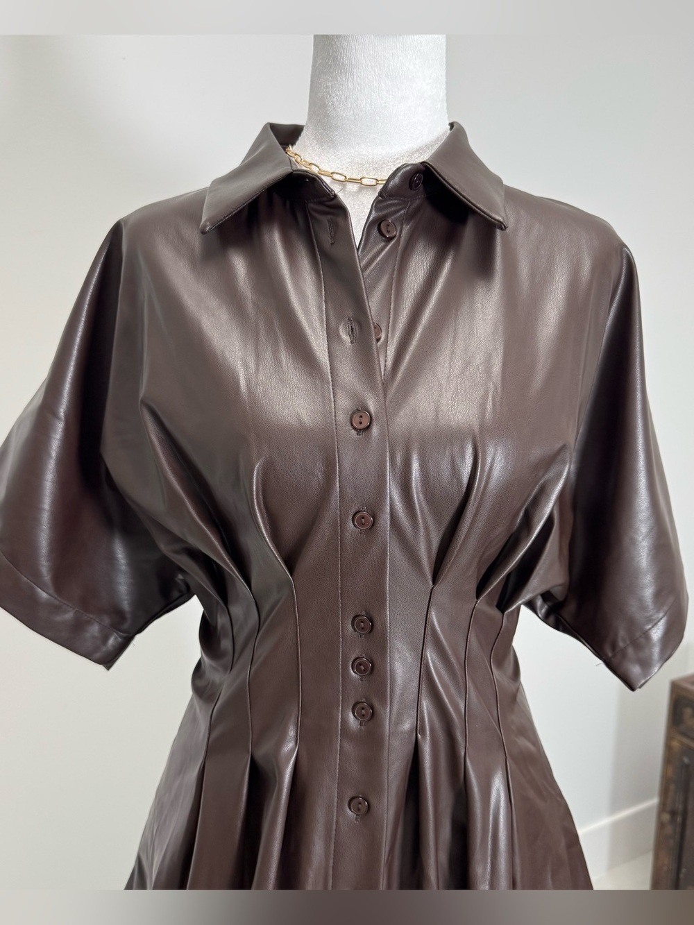 Anthropologie Western Glam Exquise Faux Leather Mini Shirt Dress NWT M Brown - Picture 8 of 10